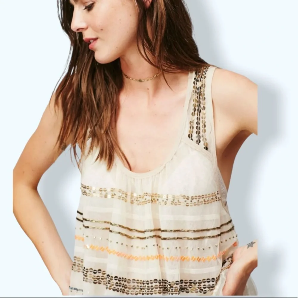 New Free People Mercury XS Ivory Gold Sheer Sequin Sleeveless Swing Racerback